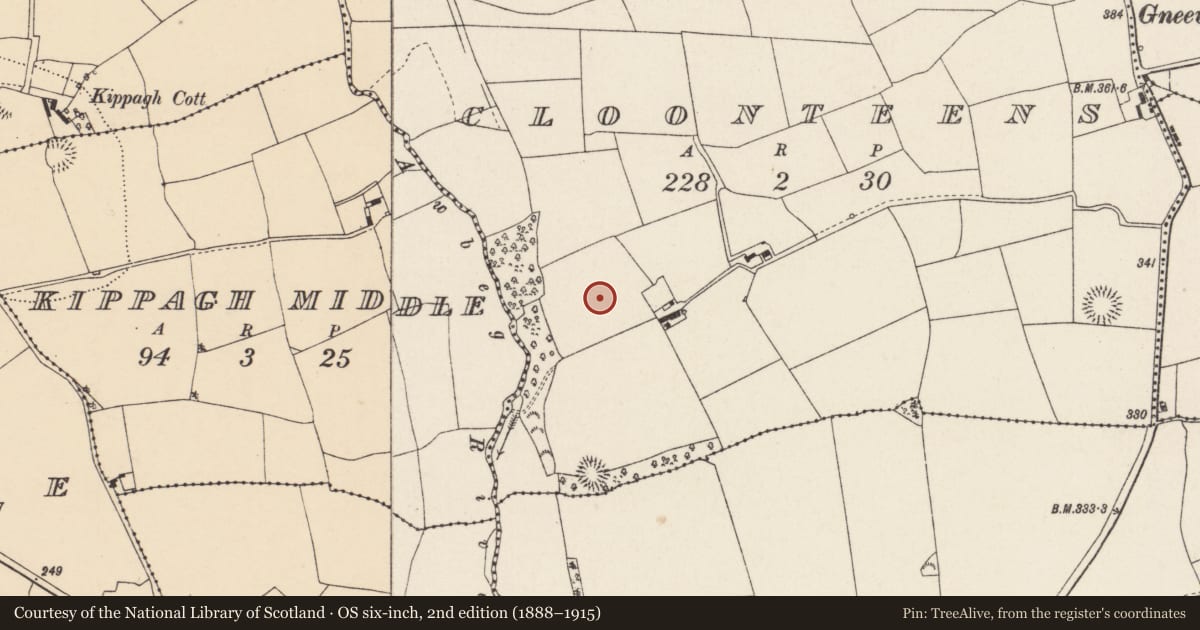 Ordnance Survey six-inch map, 2nd edition (1888–1915) covering the location of Ringfort - rath, Cloonteens, County Cork, with a pin at the register's coordinates