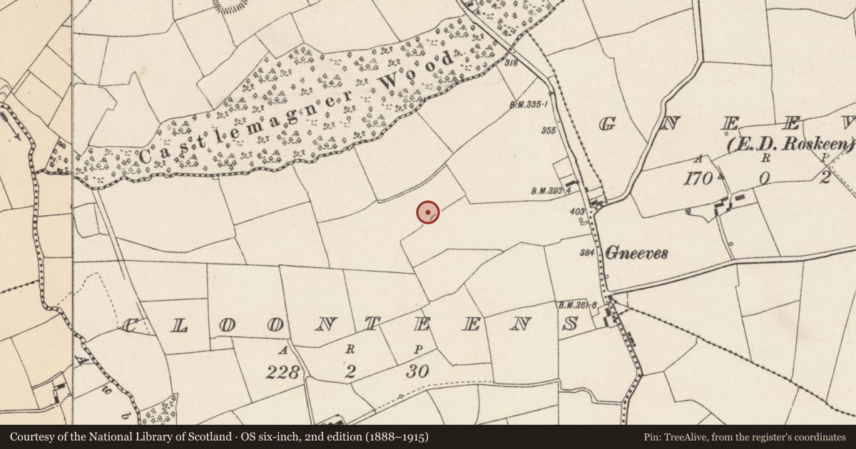 Ordnance Survey six-inch map, 2nd edition (1888–1915) covering the location of Ringfort - rath, Cloonteens, County Cork, with a pin at the register's coordinates