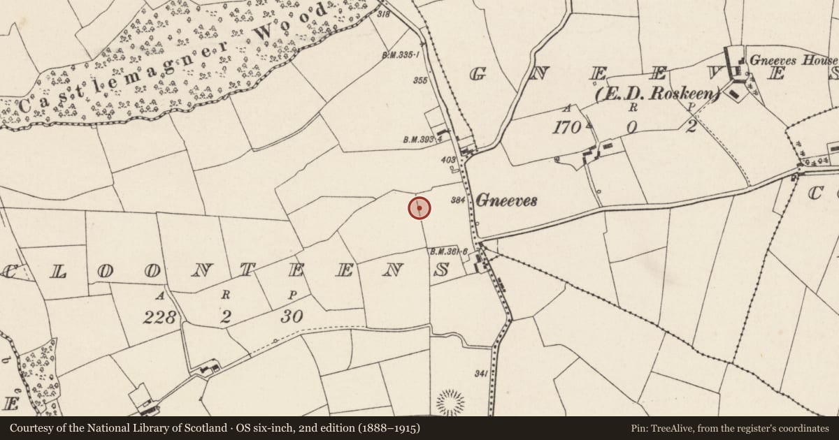 Ordnance Survey six-inch map, 2nd edition (1888–1915) covering the location of Ringfort - rath, Cloonteens, County Cork, with a pin at the register's coordinates