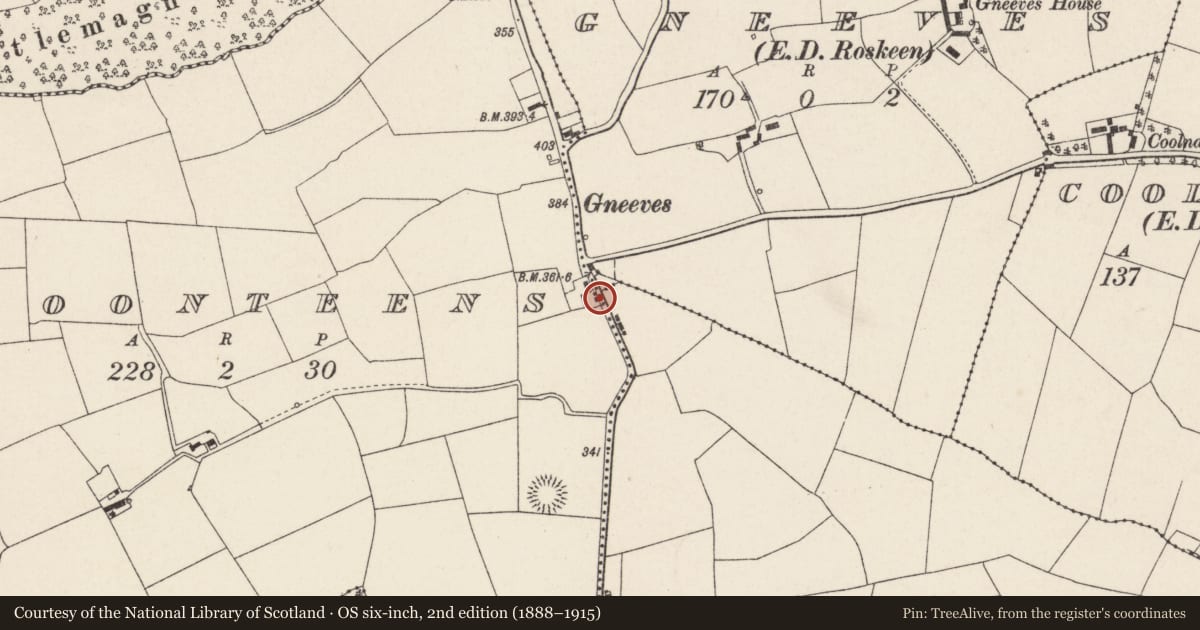 Ordnance Survey six-inch map, 2nd edition (1888–1915) covering the location of House - vernacular house, Cloonteens, County Cork, with a pin at the register's coordinates