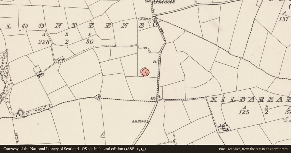 Ordnance Survey six-inch map, 2nd edition (1888–1915) covering the location of Ringfort - rath, Cloonteens, County Cork, with a pin at the register's coordinates
