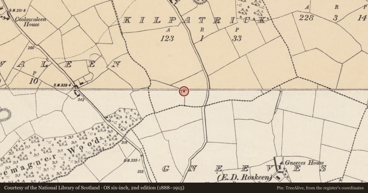 Ordnance Survey six-inch map, 2nd edition (1888–1915) covering the location of Ringfort - rath, Kilpatrick, County Cork, with a pin at the register's coordinates