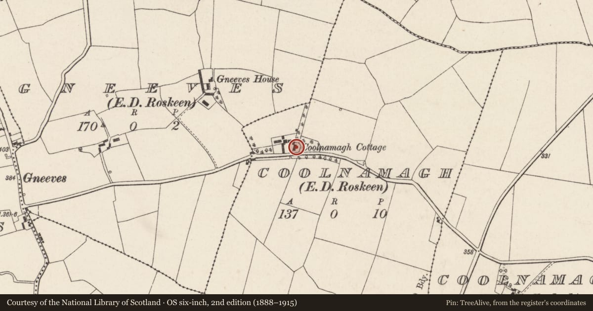 Ordnance Survey six-inch map, 2nd edition (1888–1915) covering the location of House - vernacular house, Coolnamagh (Duhallow By., Castlemagner Par.), County Cork, with a pin at the register's coordinates