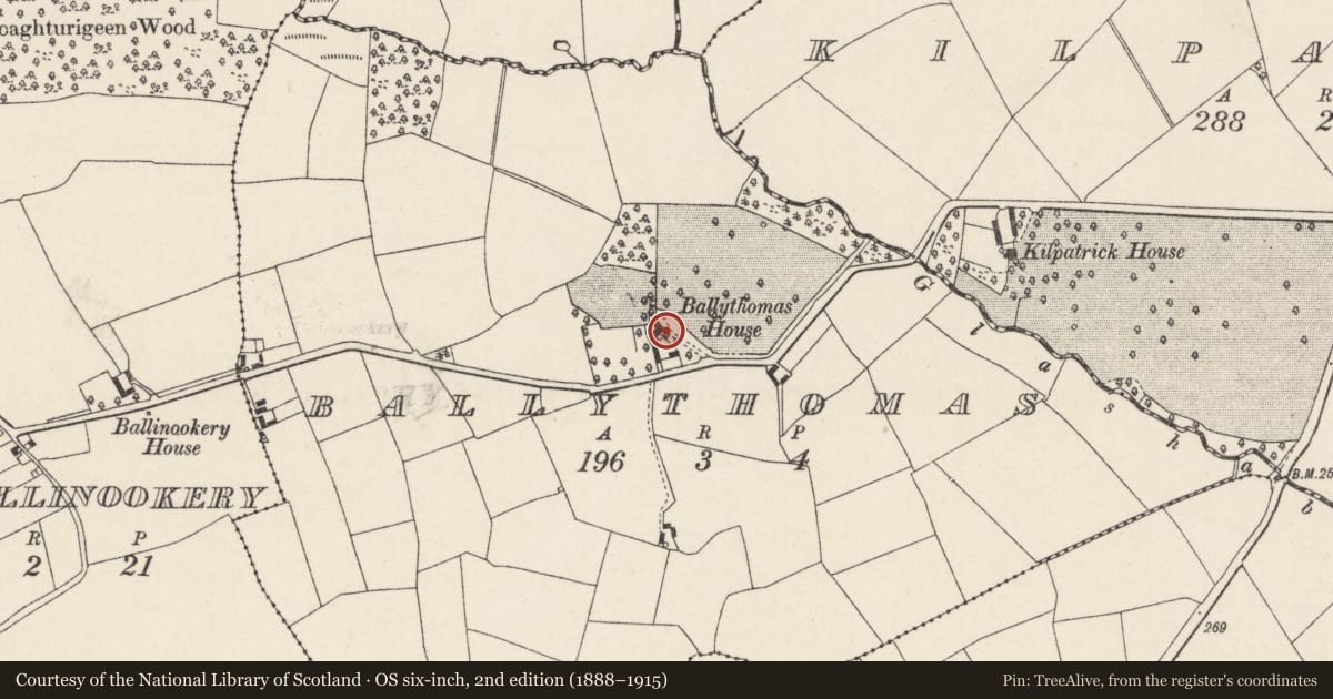 Ordnance Survey six-inch map, 2nd edition (1888–1915) covering the location of Country house, Ballythomas, County Cork, with a pin at the register's coordinates