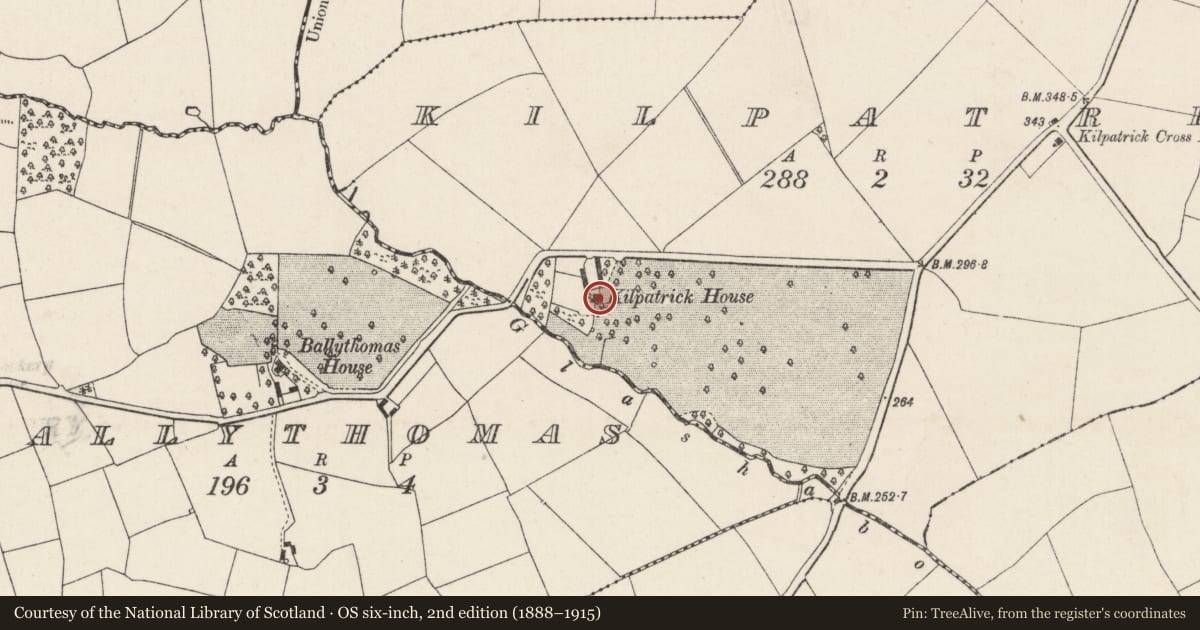 Ordnance Survey six-inch map, 2nd edition (1888–1915) covering the location of Country house, Kilpatrick, County Cork, with a pin at the register's coordinates