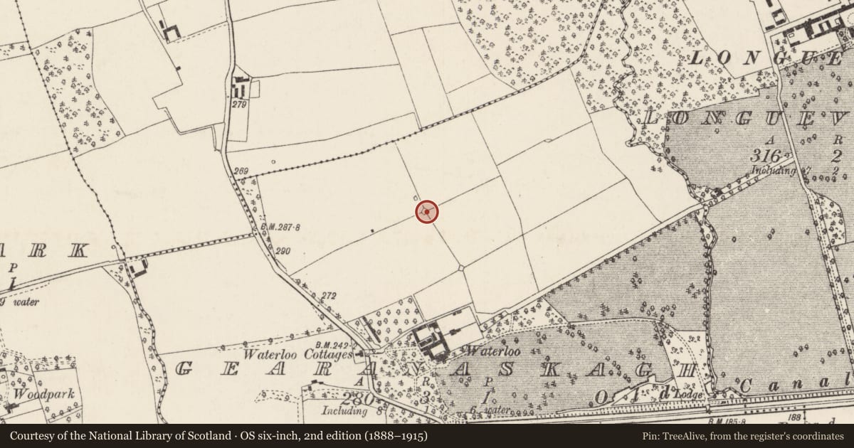 Ordnance Survey six-inch map, 2nd edition (1888–1915) covering the location of Designed landscape feature, Gearanaskagh, County Cork, with a pin at the register's coordinates
