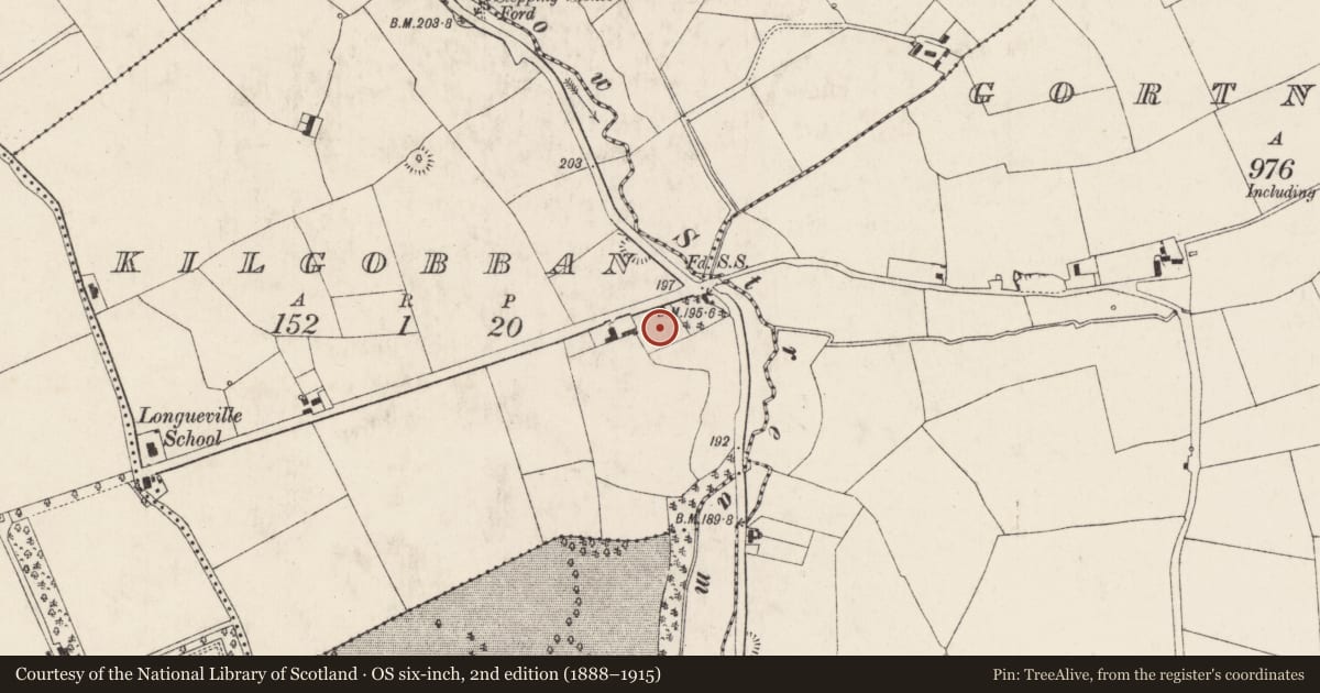 Ordnance Survey six-inch map, 2nd edition (1888–1915) covering the location of Church, Kilgobban, County Cork, with a pin at the register's coordinates