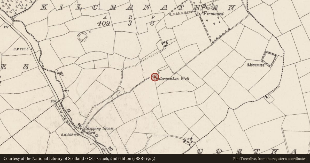 Ordnance Survey six-inch map, 2nd edition (1888–1915) covering the location of Ritual site - holy well, Kilcranathan, County Cork, with a pin at the register's coordinates