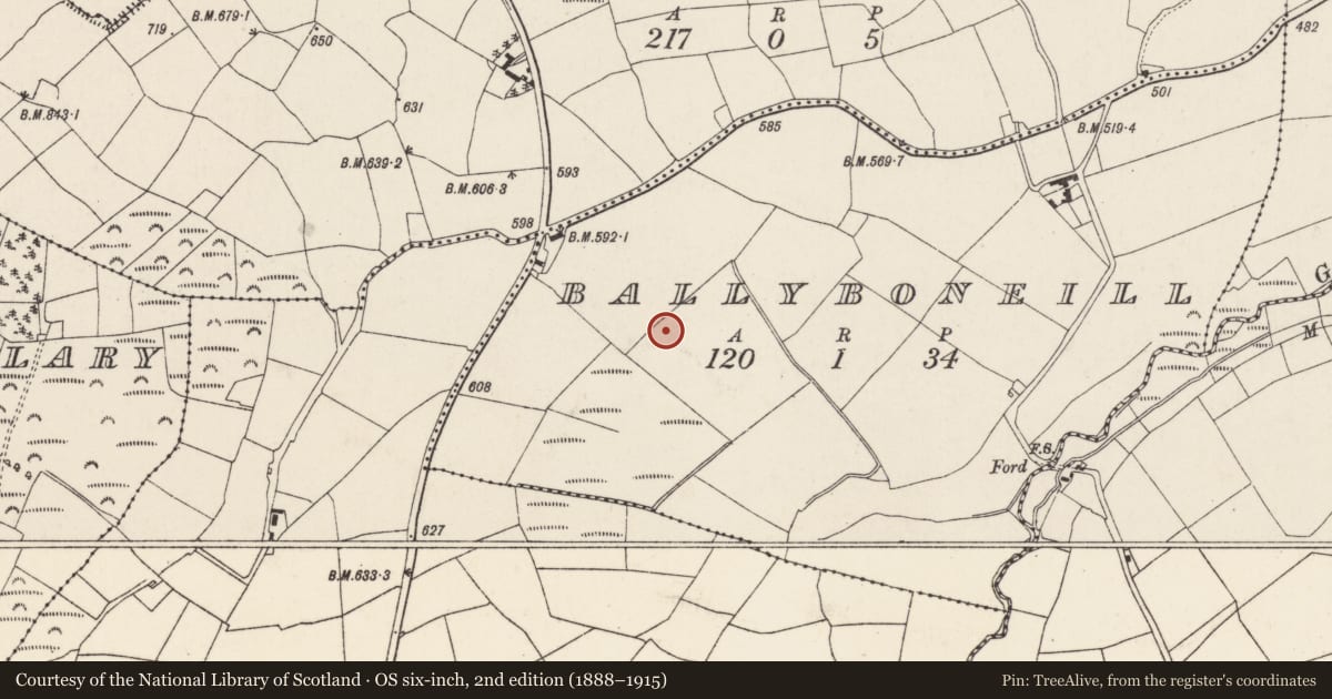 Ordnance Survey six-inch map, 2nd edition (1888–1915) covering the location of Fulacht fia, Ballyboneill, County Cork, with a pin at the register's coordinates