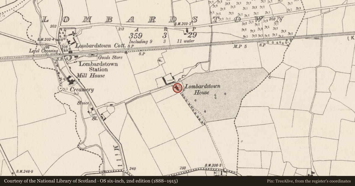 Ordnance Survey six-inch map, 2nd edition (1888–1915) covering the location of Country house, Lombardstown, County Cork, with a pin at the register's coordinates