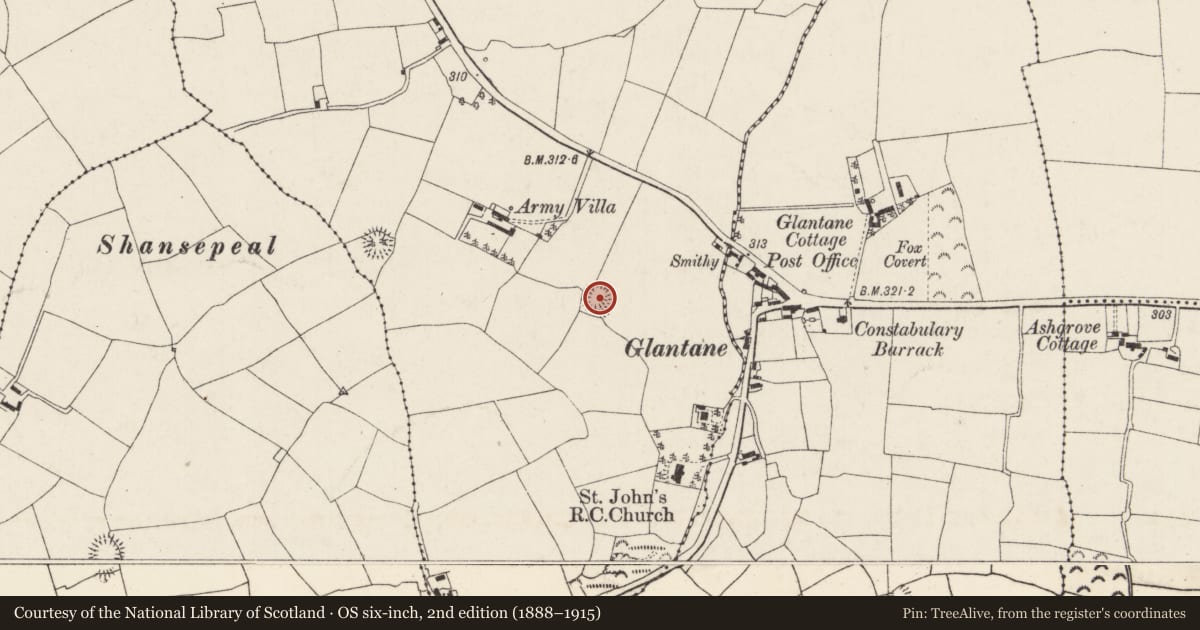 Ordnance Survey six-inch map, 2nd edition (1888–1915) covering the location of Ringfort - rath, Brittas, County Cork, with a pin at the register's coordinates