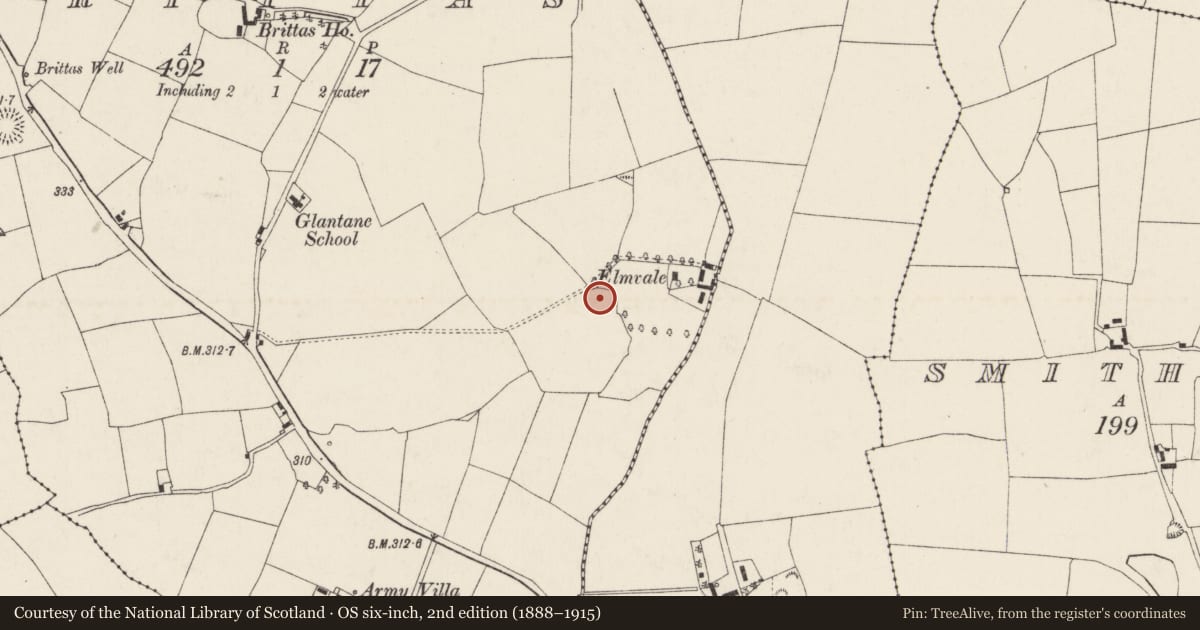Ordnance Survey six-inch map, 2nd edition (1888–1915) covering the location of Enclosure, Brittas, County Cork, with a pin at the register's coordinates