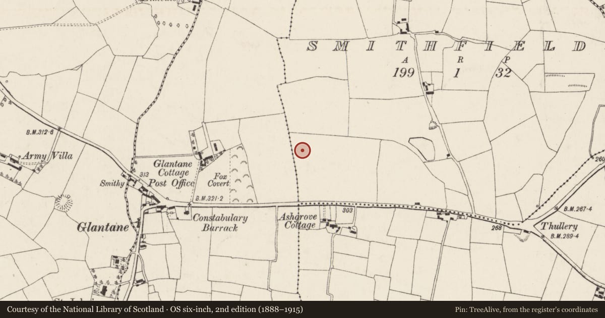 Ordnance Survey six-inch map, 2nd edition (1888–1915) covering the location of Ringfort - rath, Smithfield, County Cork, with a pin at the register's coordinates