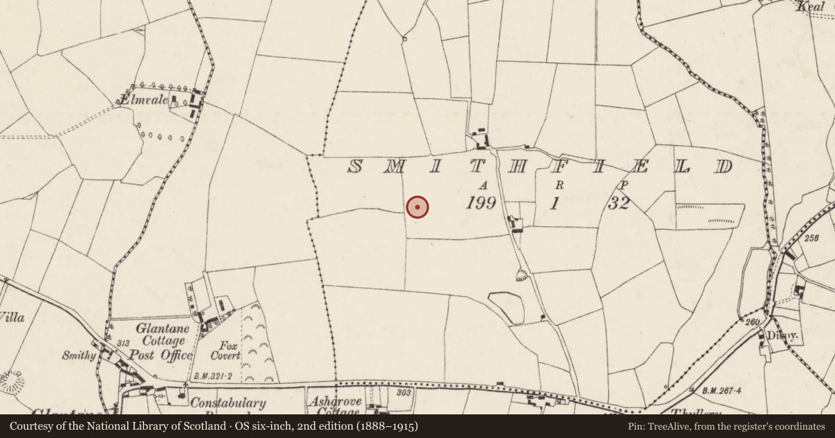 Ordnance Survey six-inch map, 2nd edition (1888–1915) covering the location of Ringfort - rath, Smithfield, County Cork, with a pin at the register's coordinates