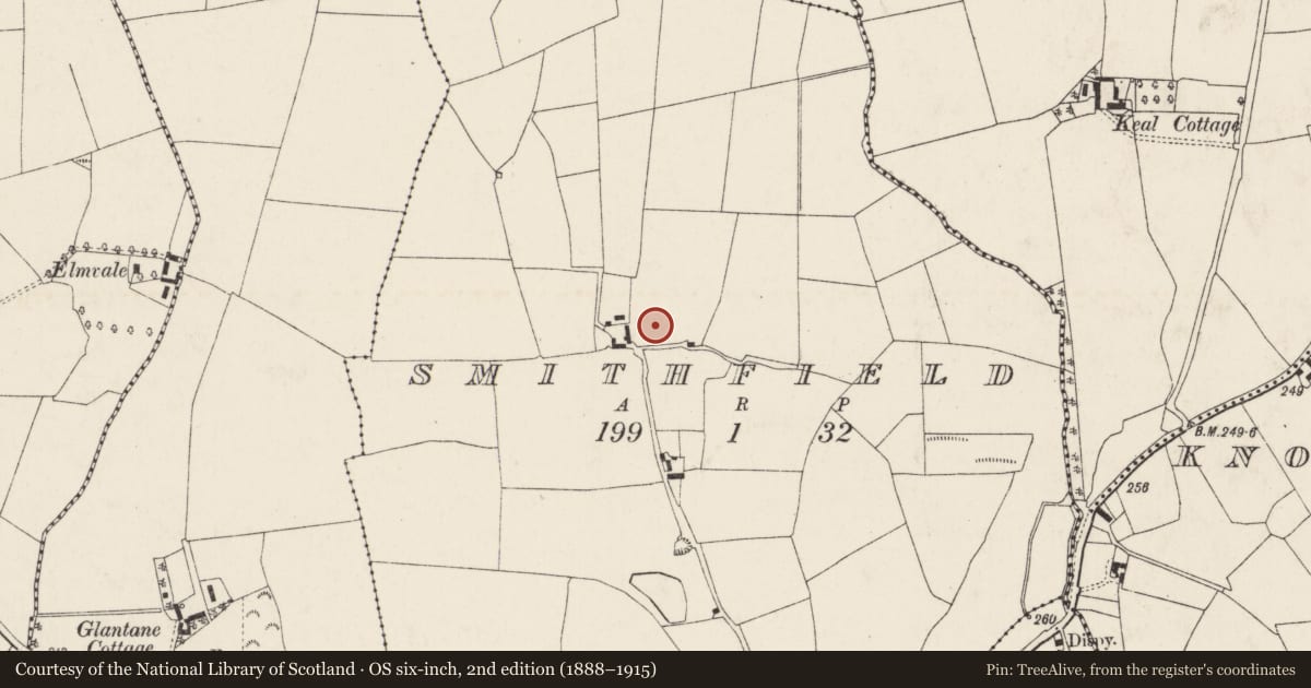 Ordnance Survey six-inch map, 2nd edition (1888–1915) covering the location of Burial ground, Smithfield, County Cork, with a pin at the register's coordinates
