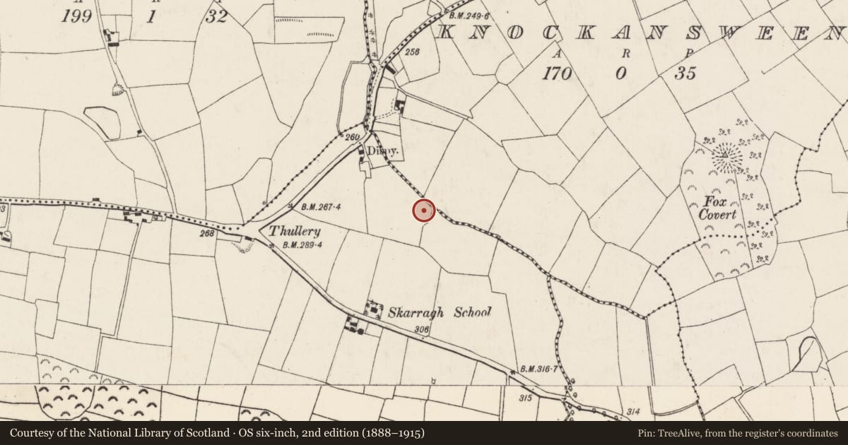 Ordnance Survey six-inch map, 2nd edition (1888–1915) covering the location of Ringfort - rath, Skarragh, County Cork, with a pin at the register's coordinates