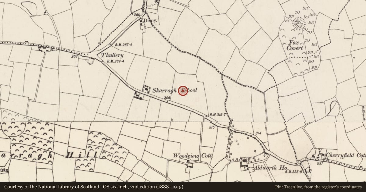Ordnance Survey six-inch map, 2nd edition (1888–1915) covering the location of Ringfort - rath, Skarragh, County Cork, with a pin at the register's coordinates