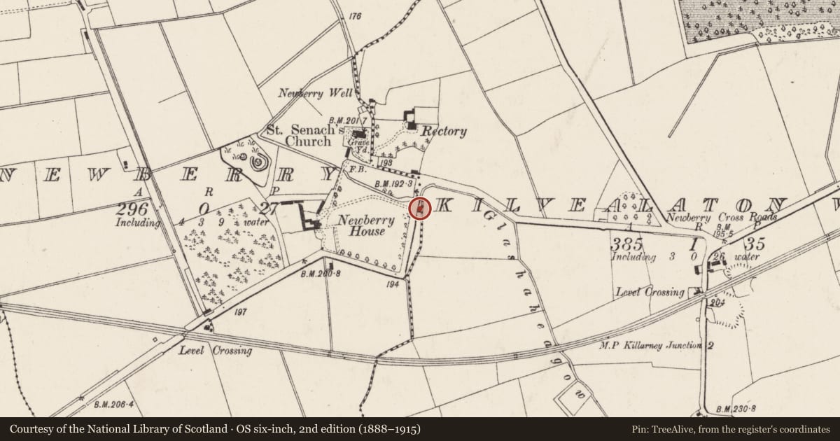 Ordnance Survey six-inch map, 2nd edition (1888–1915) covering the location of Gateway, Newberry, County Cork, with a pin at the register's coordinates