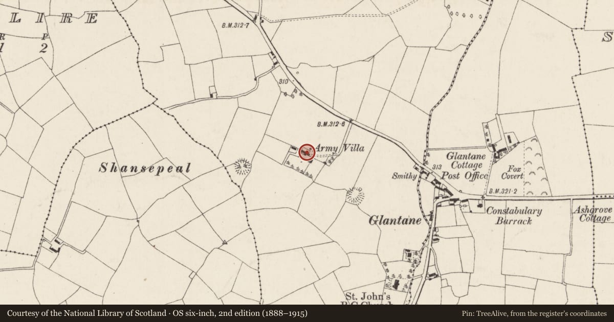 Ordnance Survey six-inch map, 2nd edition (1888–1915) covering the location of House - vernacular house, Brittas, County Cork, with a pin at the register's coordinates