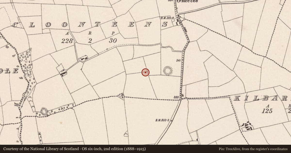 Ordnance Survey six-inch map, 2nd edition (1888–1915) covering the location of Fulacht fia, Cloonteens, County Cork, with a pin at the register's coordinates