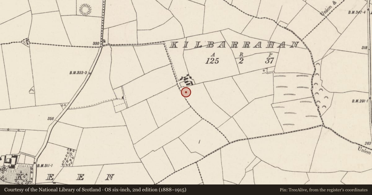 Ordnance Survey six-inch map, 2nd edition (1888–1915) covering the location of Burial ground, Kilbarrahan, County Cork, with a pin at the register's coordinates
