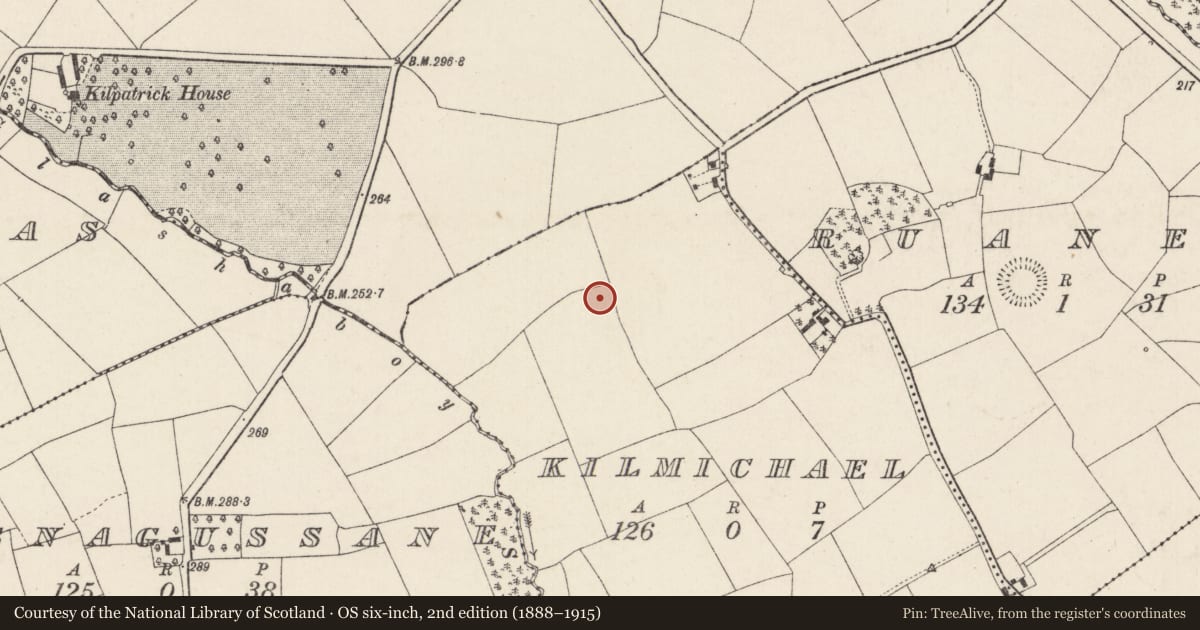 Ordnance Survey six-inch map, 2nd edition (1888–1915) covering the location of Fulacht fia, Kilmichael, County Cork, with a pin at the register's coordinates