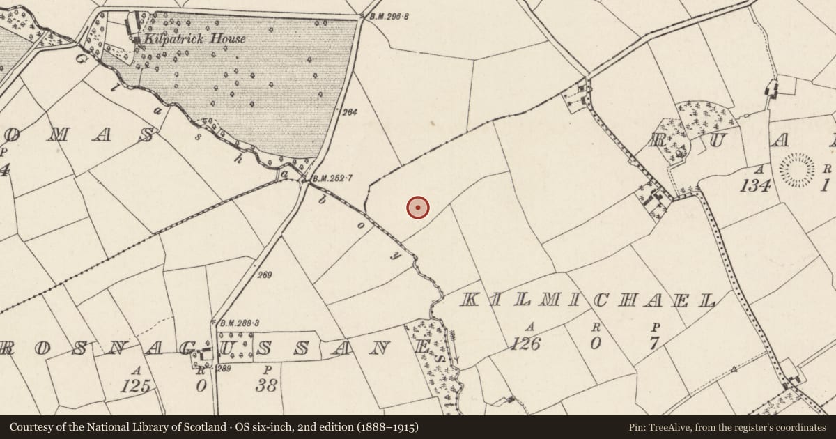 Ordnance Survey six-inch map, 2nd edition (1888–1915) covering the location of Burnt spread, Kilmichael, County Cork, with a pin at the register's coordinates