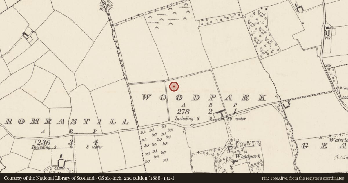 Ordnance Survey six-inch map, 2nd edition (1888–1915) covering the location of Fulacht fia, Woodpark, County Cork, with a pin at the register's coordinates