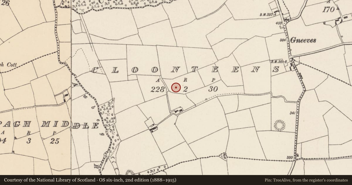 Ordnance Survey six-inch map, 2nd edition (1888–1915) covering the location of Fulacht fia, Cloonteens, County Cork, with a pin at the register's coordinates