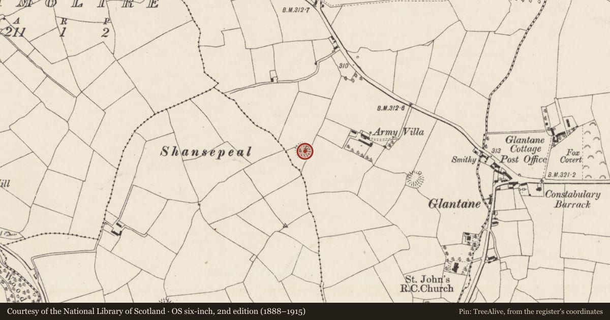 Ordnance Survey six-inch map, 2nd edition (1888–1915) covering the location of Souterrain, Brittas, County Cork, with a pin at the register's coordinates