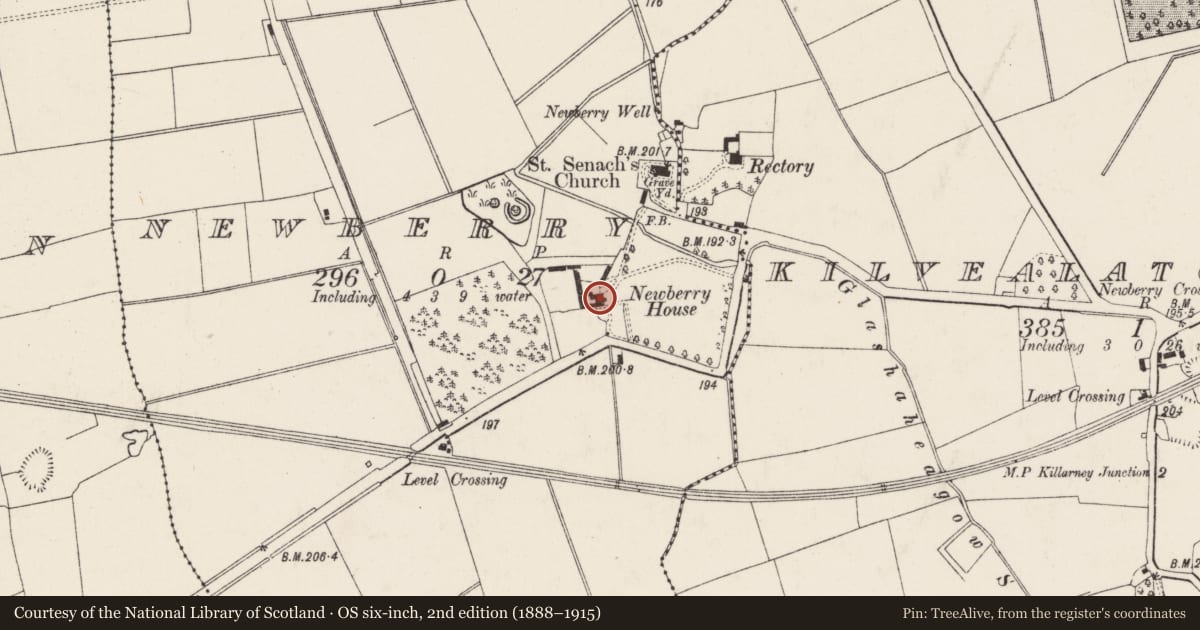 Ordnance Survey six-inch map, 2nd edition (1888–1915) covering the location of Country house, Newberry, County Cork, with a pin at the register's coordinates