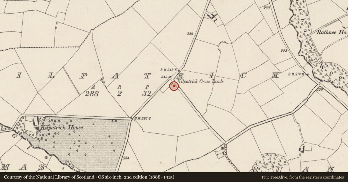 Ordnance Survey six-inch map, 2nd edition (1888–1915) covering the location of Enclosure, Kilpatrick, County Cork, with a pin at the register's coordinates