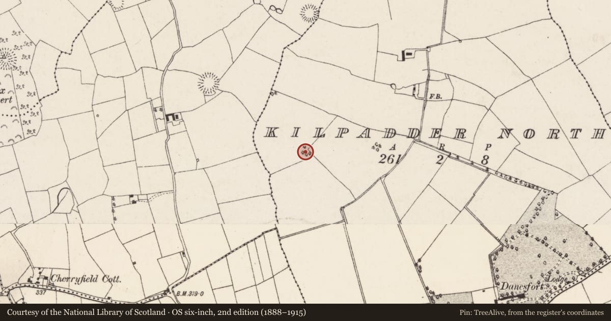 Ordnance Survey six-inch map, 2nd edition (1888–1915) covering the location of Enclosure, Kilpadder North, County Cork, with a pin at the register's coordinates