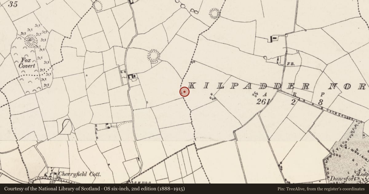 Ordnance Survey six-inch map, 2nd edition (1888–1915) covering the location of Enclosure, Kilpadder North, County Cork, with a pin at the register's coordinates