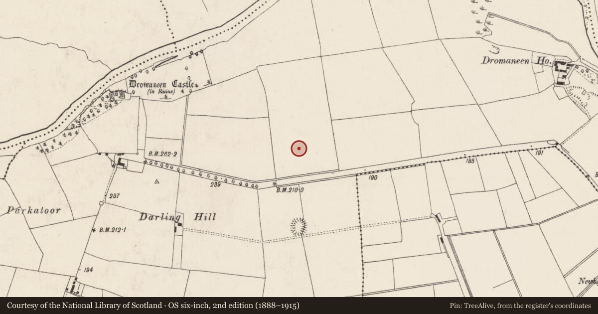 Ordnance Survey six-inch map, 2nd edition (1888–1915) covering the location of Enclosure, Dromaneen, County Cork, with a pin at the register's coordinates