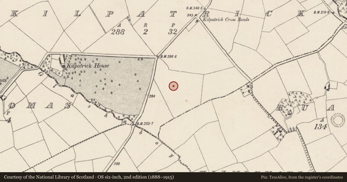 Ordnance Survey six-inch map, 2nd edition (1888–1915) covering the location of Enclosure, Kilpatrick, County Cork, with a pin at the register's coordinates