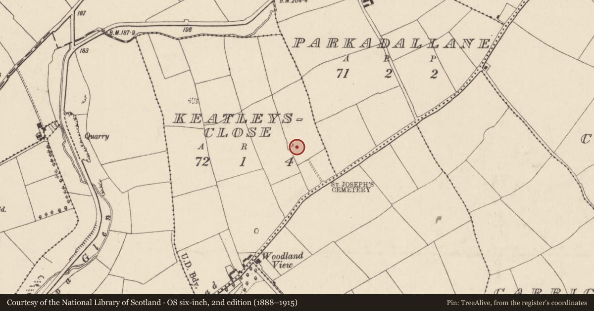 Ordnance Survey six-inch map, 2nd edition (1888–1915) covering the location of Enclosure, Keatleysclose, County Cork, with a pin at the register's coordinates