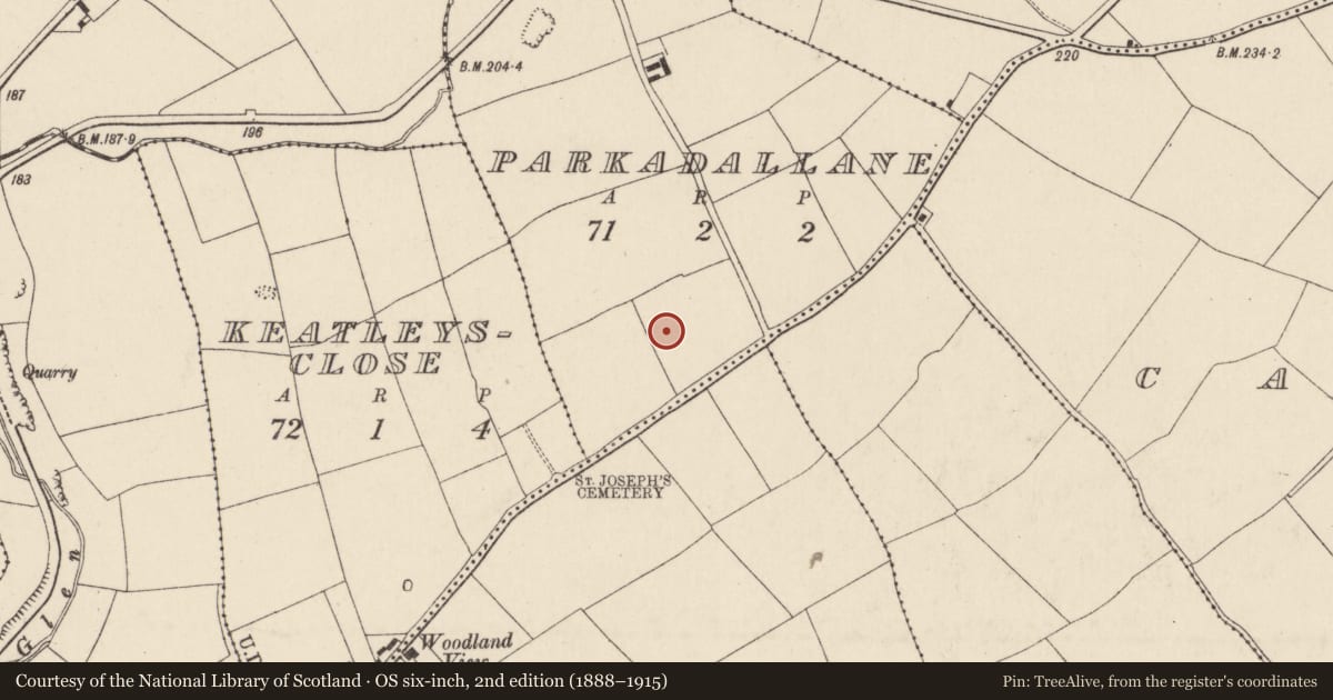 Ordnance Survey six-inch map, 2nd edition (1888–1915) covering the location of Enclosure, Parkadallane, County Cork, with a pin at the register's coordinates