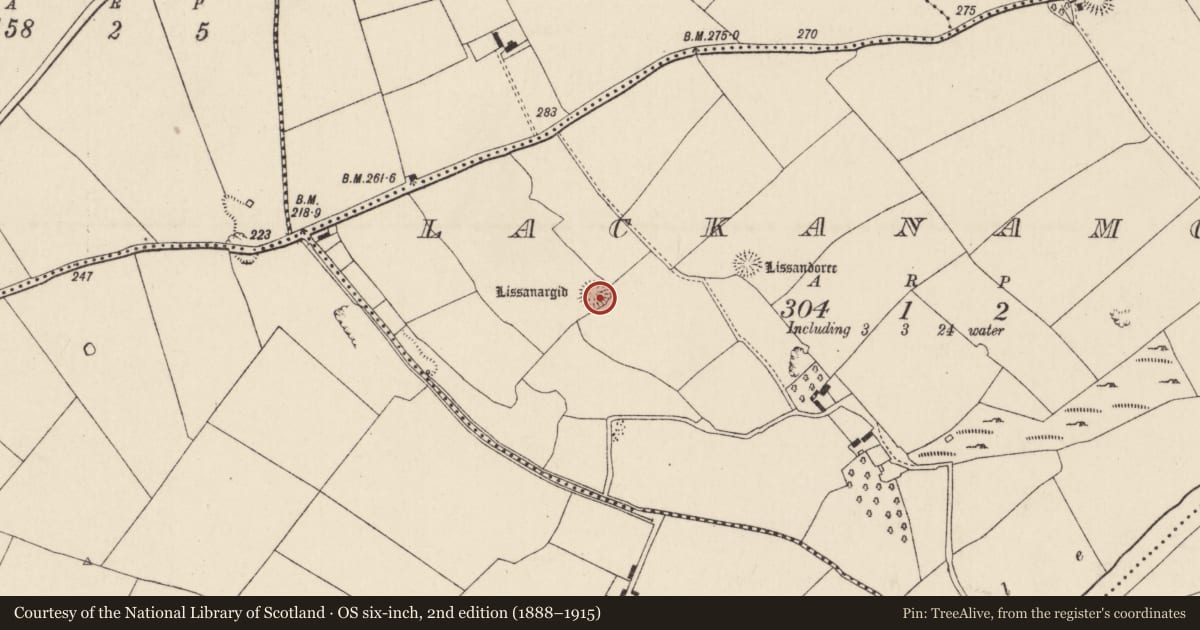 Ordnance Survey six-inch map, 2nd edition (1888–1915) covering the location of Ringfort - rath, Lackanamona, County Cork, with a pin at the register's coordinates