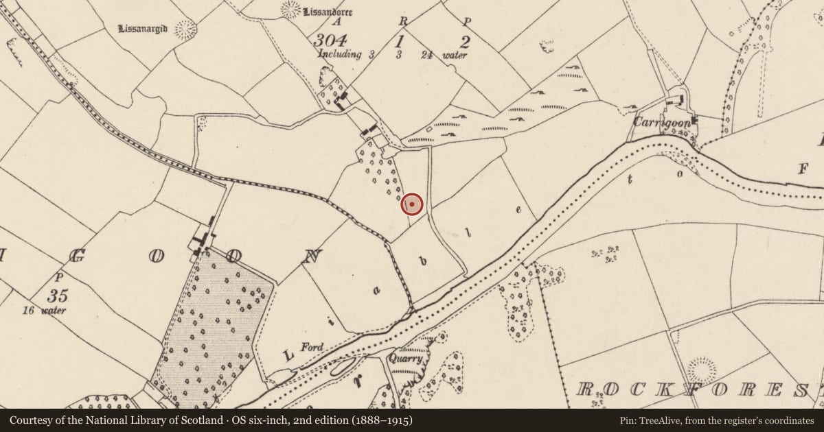 Ordnance Survey six-inch map, 2nd edition (1888–1915) covering the location of Enclosure, Lackanamona, County Cork, with a pin at the register's coordinates