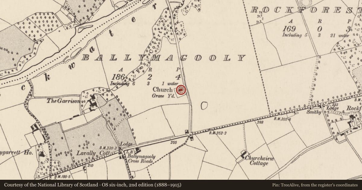 Ordnance Survey six-inch map, 2nd edition (1888–1915) covering the location of Church, Ballymagooly, County Cork, with a pin at the register's coordinates