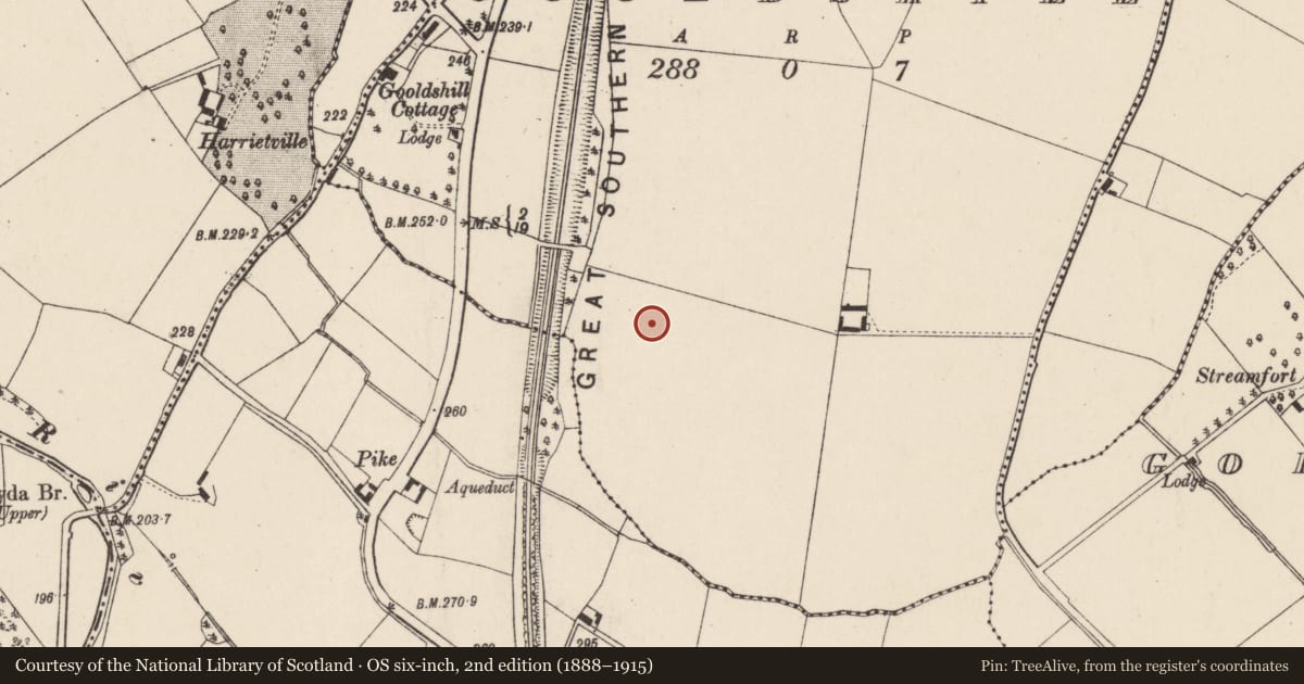Ordnance Survey six-inch map, 2nd edition (1888–1915) covering the location of Enclosure, Gooldshill, County Cork, with a pin at the register's coordinates