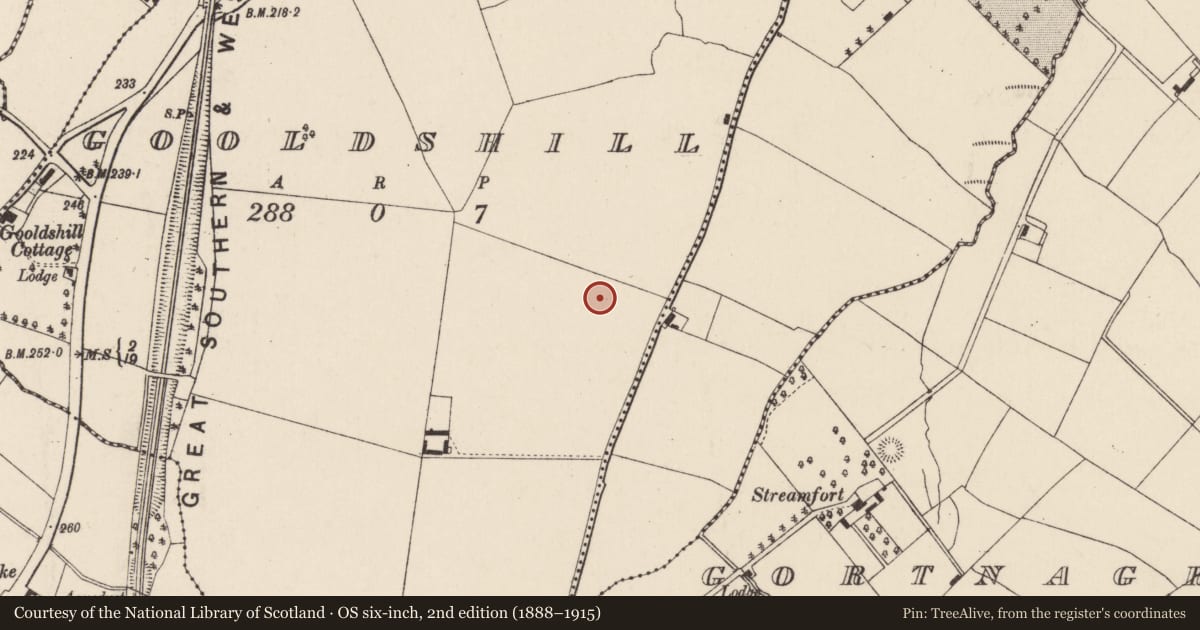 Ordnance Survey six-inch map, 2nd edition (1888–1915) covering the location of Enclosure, Gooldshill, County Cork, with a pin at the register's coordinates