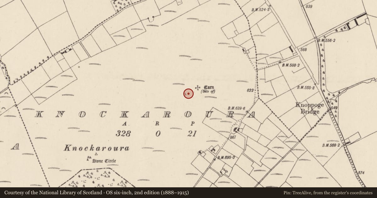 Ordnance Survey six-inch map, 2nd edition (1888–1915) covering the location of Cairn - radial-stone cairn, Knockaroura, County Cork, with a pin at the register's coordinates