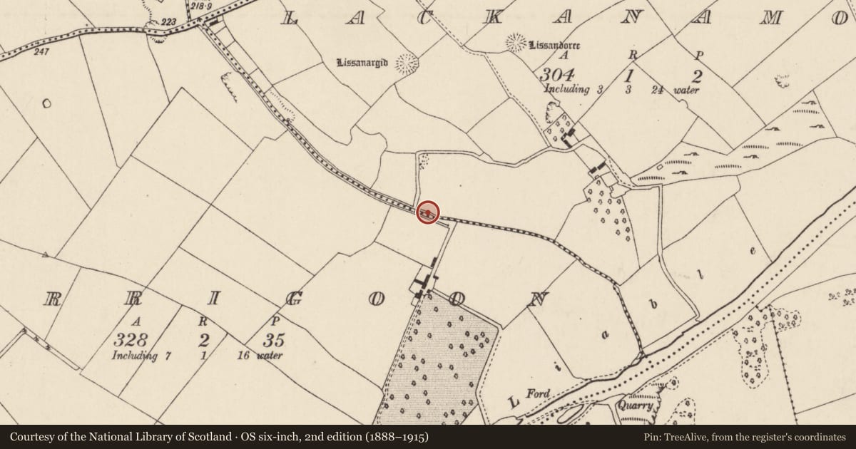 Ordnance Survey six-inch map, 2nd edition (1888–1915) covering the location of Fulacht fia, Lackanamona, County Cork, with a pin at the register's coordinates
