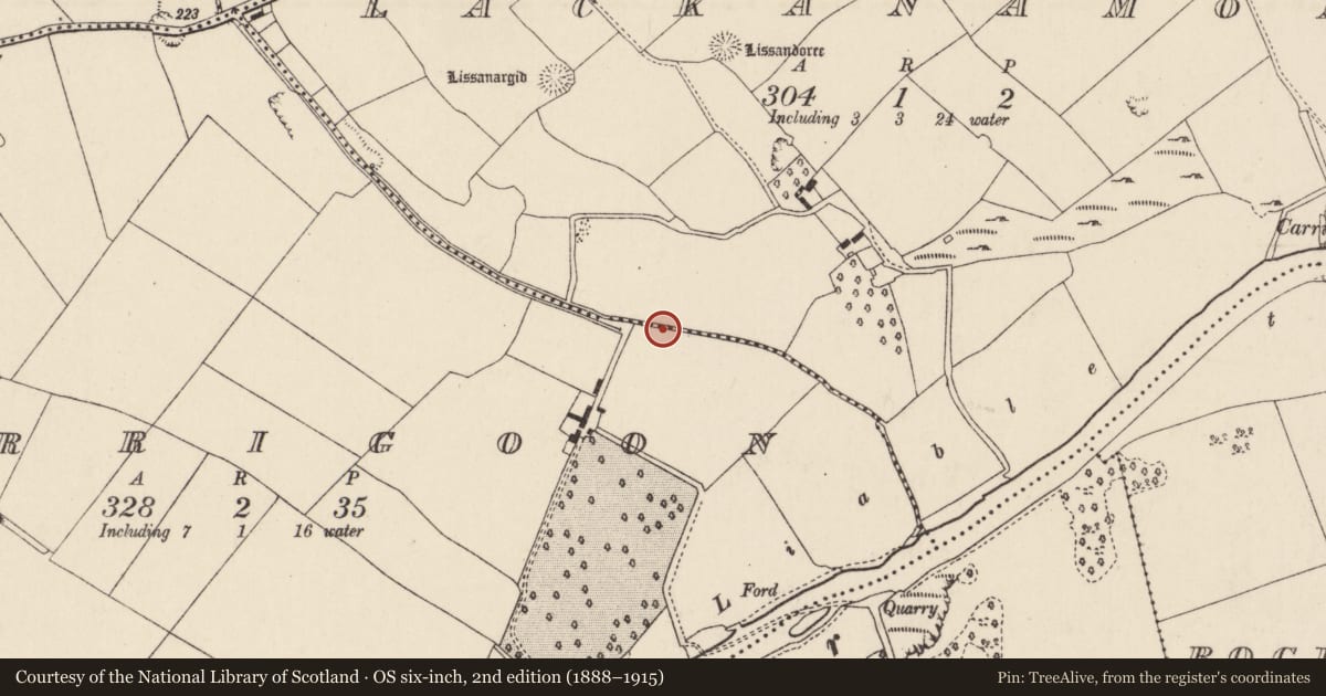Ordnance Survey six-inch map, 2nd edition (1888–1915) covering the location of Fulacht fia, Lackanamona, County Cork, with a pin at the register's coordinates