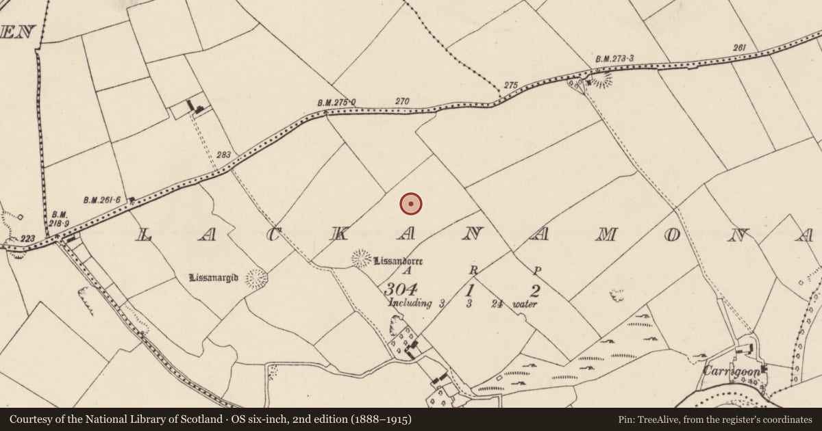 Ordnance Survey six-inch map, 2nd edition (1888–1915) covering the location of Souterrain, Lackanamona, County Cork, with a pin at the register's coordinates