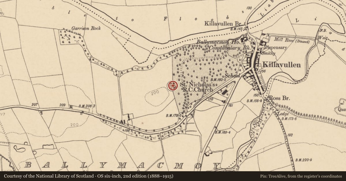 Ordnance Survey six-inch map, 2nd edition (1888–1915) covering the location of Enclosure, Ballymacmoy, County Cork, with a pin at the register's coordinates