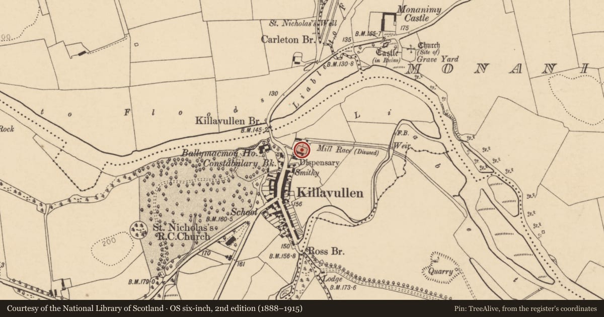 Ordnance Survey six-inch map, 2nd edition (1888–1915) covering the location of Mill - unclassified, Ballymacmoy, County Cork, with a pin at the register's coordinates