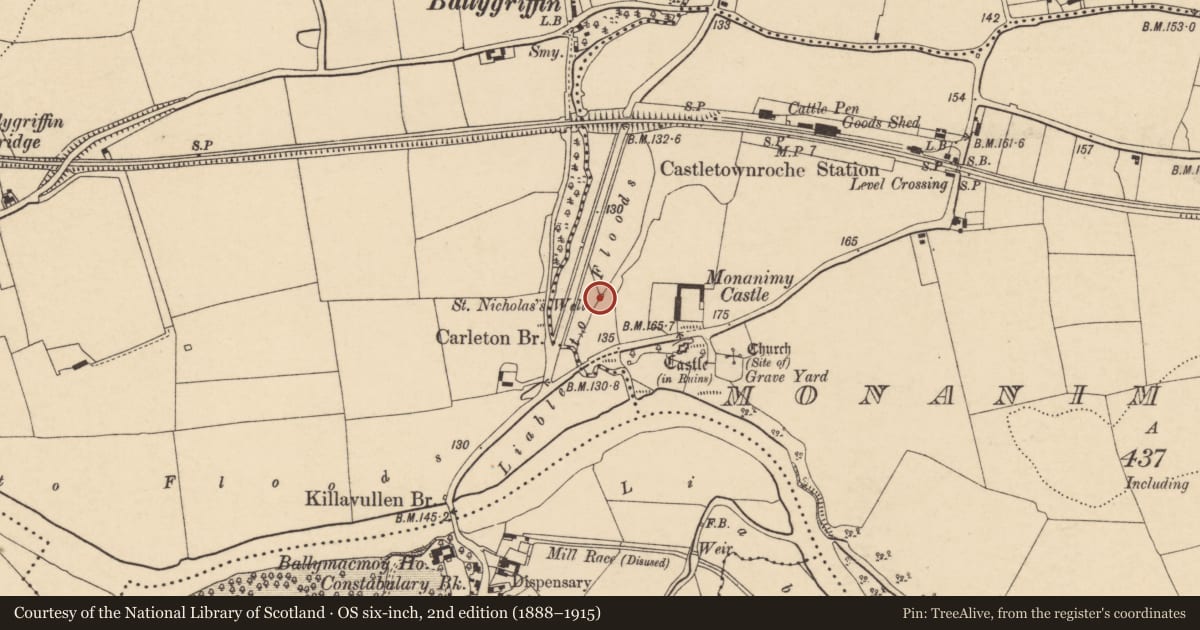Ordnance Survey six-inch map, 2nd edition (1888–1915) covering the location of Ritual site - holy well, Monanimy Lower, County Cork, with a pin at the register's coordinates